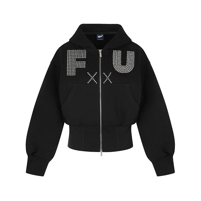 Ladies Short Hooded Sweat Jacket with Full Zip, Wide Ribbed Hem and Rhinestone Logo Mune Fashion