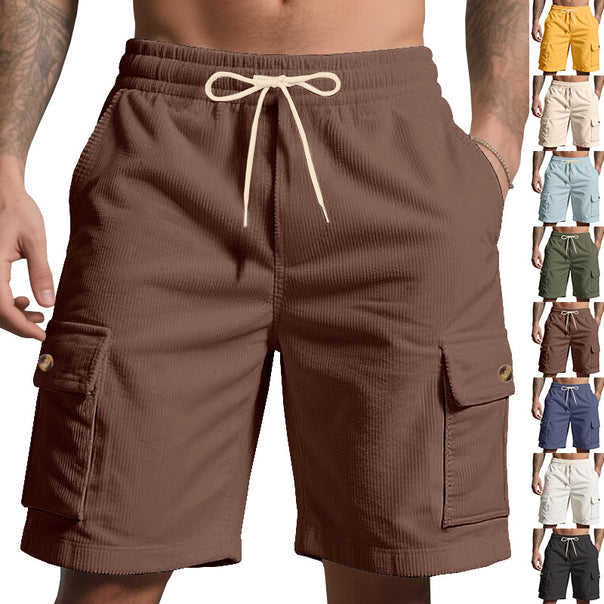 Men's cord cargo shorts with elastic drawstring waistband, patch cargo pockets, and soft cotton blend Mune Fashion