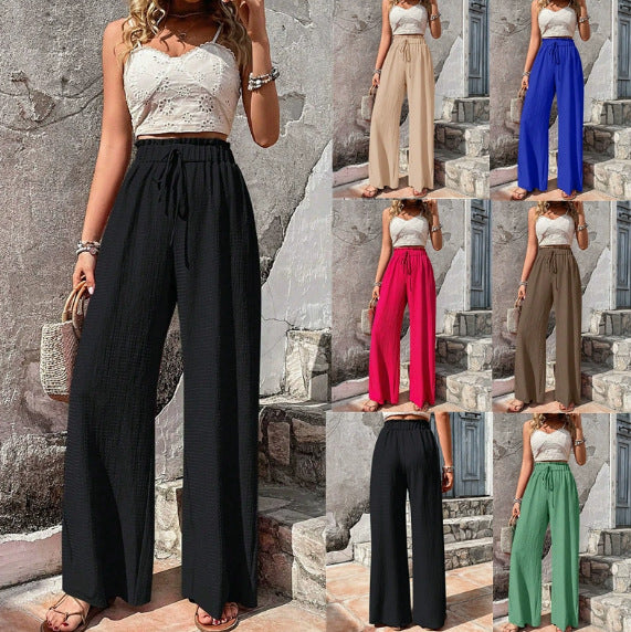 Women Lightweight Palazzo Pants with Crinkle Texture, High Smocked Waist and Drawstring Mune Fashion