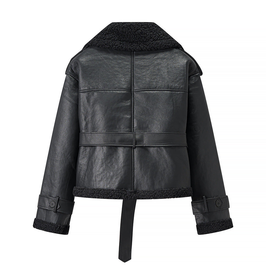 Women Short Flight Jacket Made of Faux Leather with Teddy Fur Collar and Waist Belt Mune Fashion