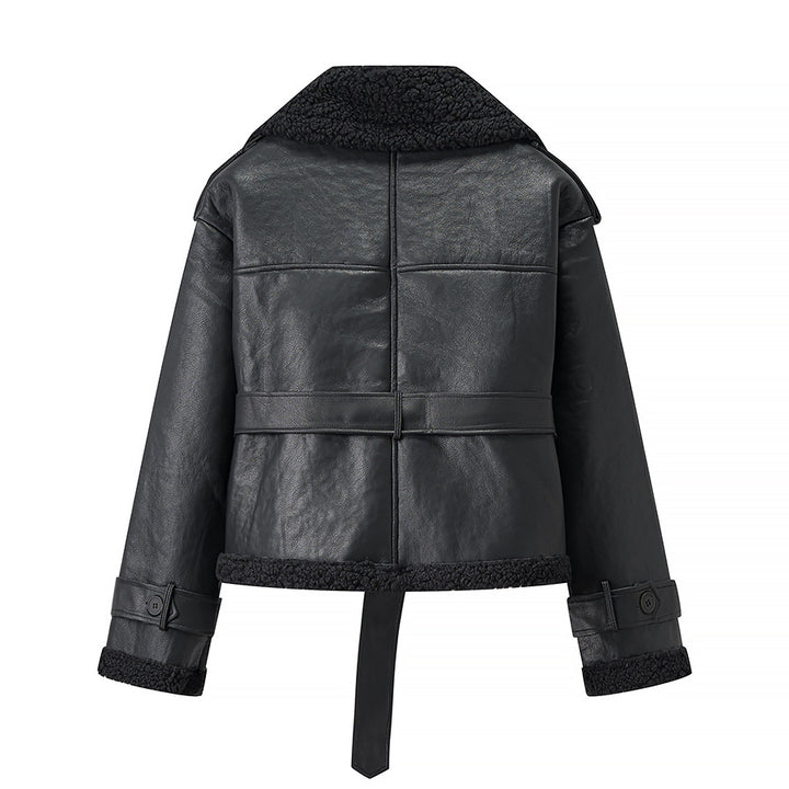 Women Short Flight Jacket Made of Faux Leather with Teddy Fur Collar and Waist Belt Mune Fashion