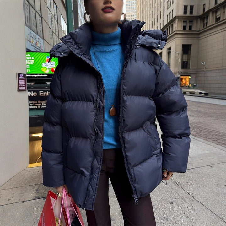 Women's Oversized Quilted Puffer Jacket with Removable Hood and Two-Way Zipper Mune Fashion