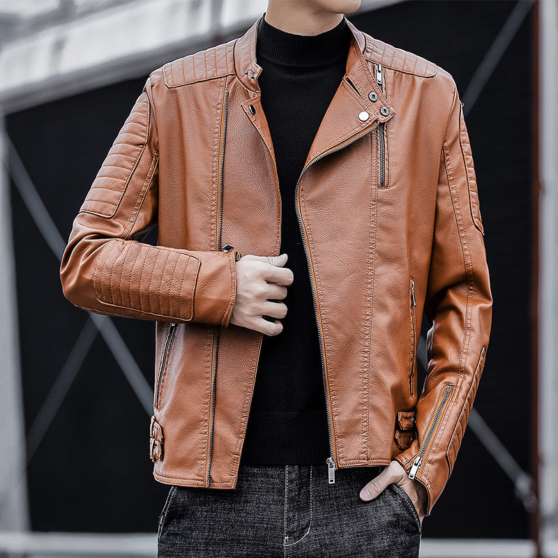 Men's biker jacket made of synthetic leather with quilted sleeve yoke and stand-up collar Mune Fashion
