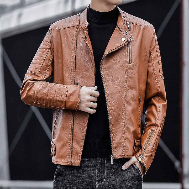 Men's biker jacket made of synthetic leather with quilted sleeve yoke and stand-up collar Mune Fashion