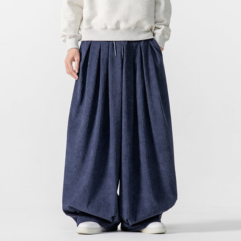 Men's Extra Wide Pleated Pants with Ribbed Texture and Drawstring Mune Fashion