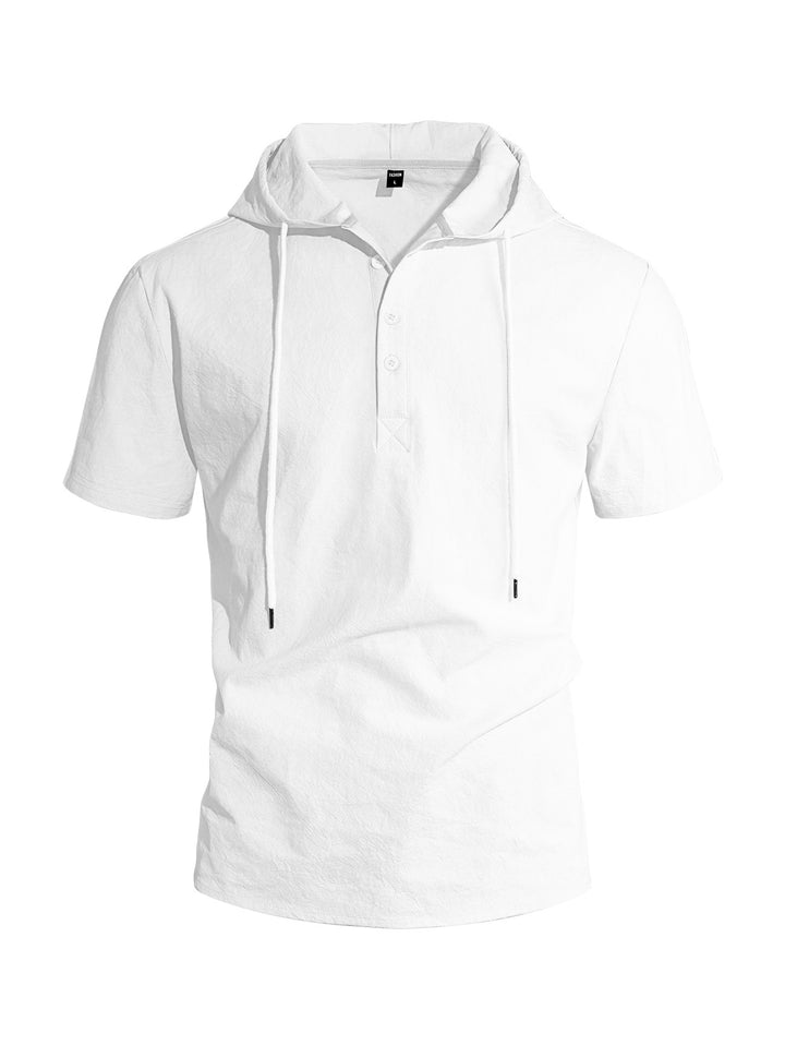 Men's short-sleeved hooded Henley made of slub cotton with concealed button placket and drawstring Mune Fashion