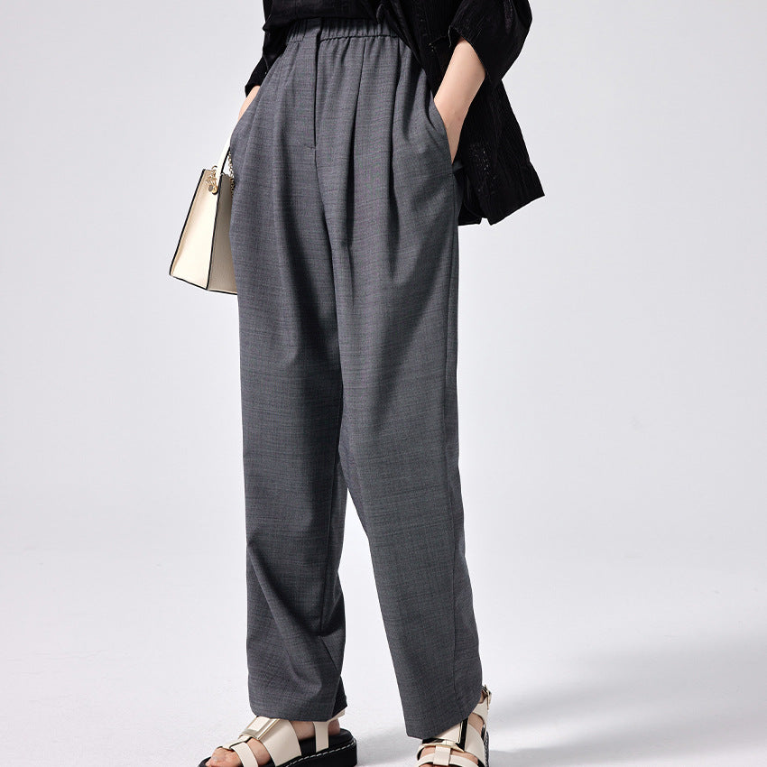 Women Wide High-Waist Fabric Pants with Elastic Waistband and Straight Leg Mune Fashion
