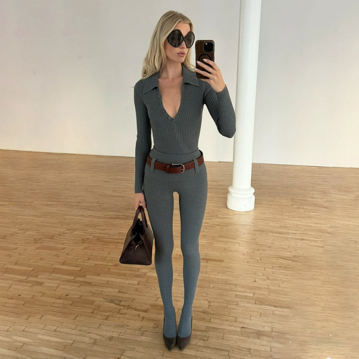 Women Tailored Ribbed Knit Polo with Deep V-Neck and Button Placket Mune Fashion