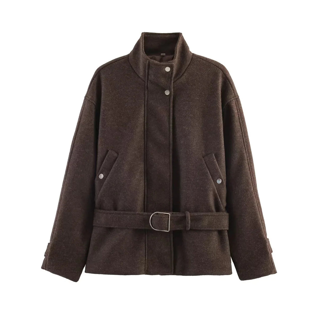 Women's tailored short jacket in wool blend with stand-up collar, snap button placket, and tie belt Mune Fashion