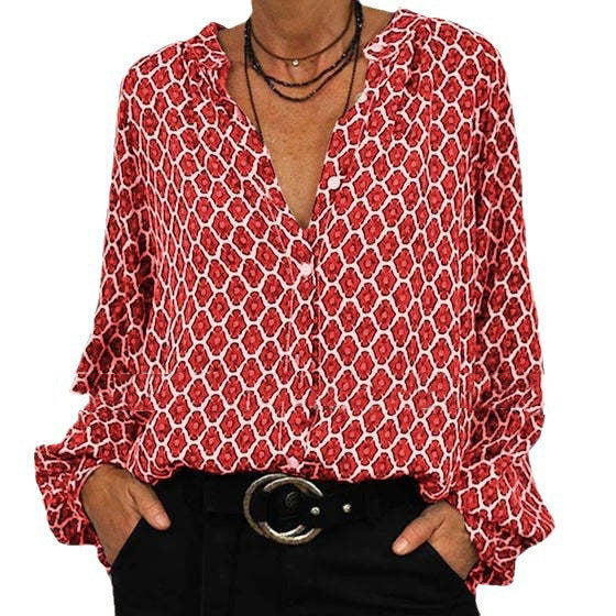 Women Loose Fit Viscose Blend Blouse with V-Neck, Button Placket and Balloon Sleeves Mune Fashion
