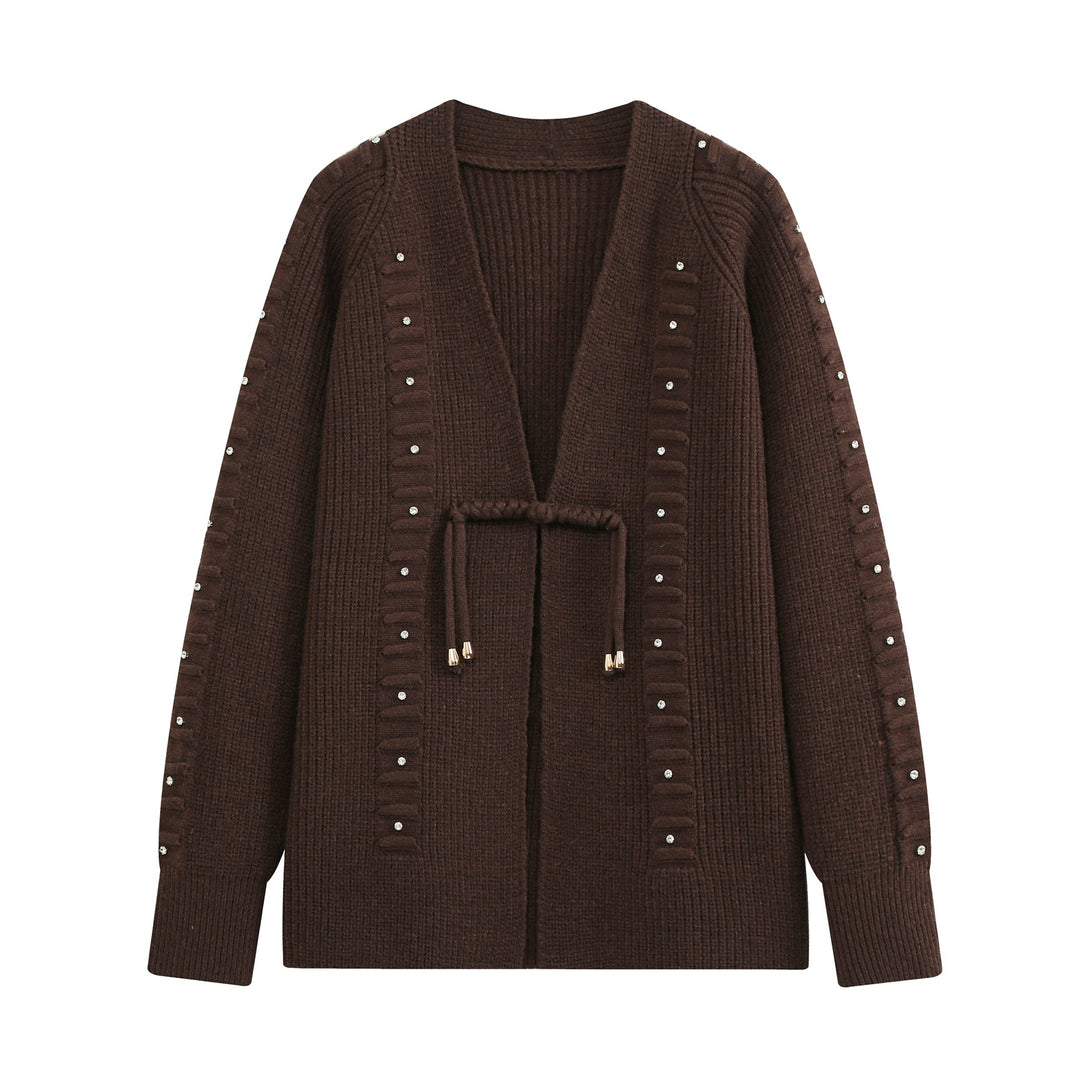 Ladies chunky knit cardigan with rhinestone trim, braided cord, and open V-neck Mune Fashion