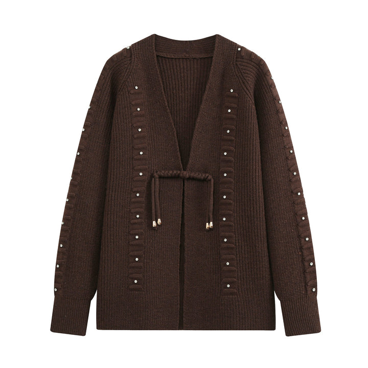 Ladies chunky knit cardigan with rhinestone trim, braided cord, and open V-neck Mune Fashion