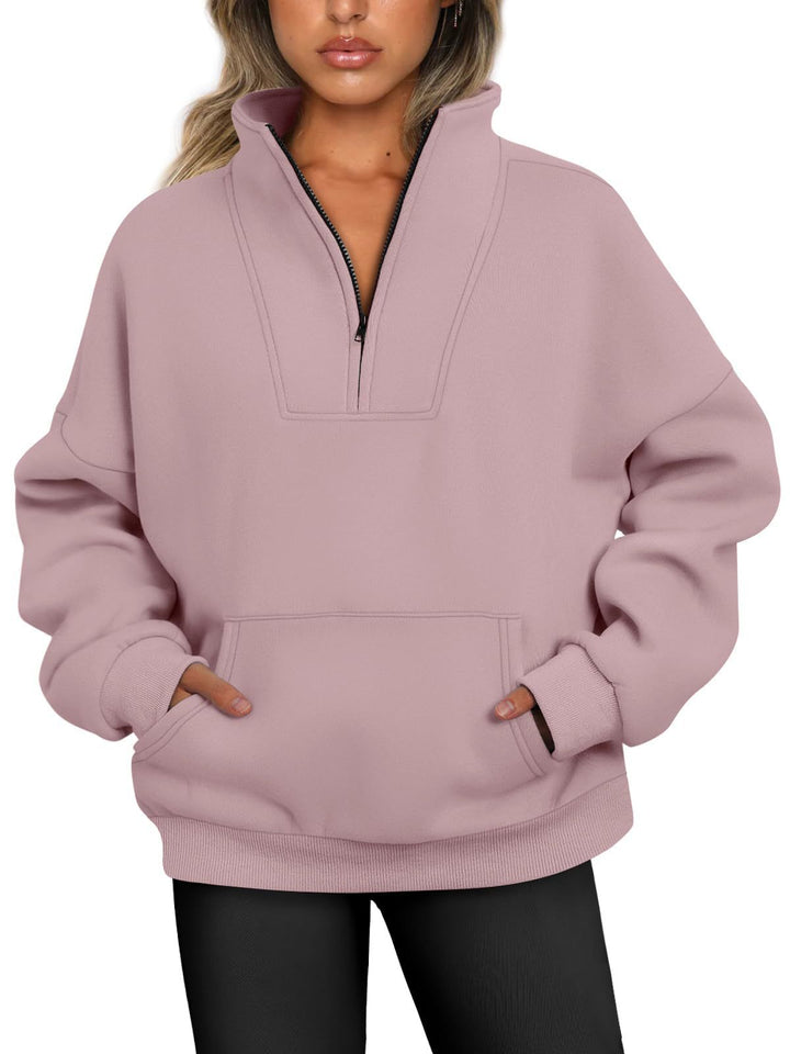 Women's oversized half-zip hoodie with high stand collar, kangaroo pocket, and ribbed cuffs Mune Fashion