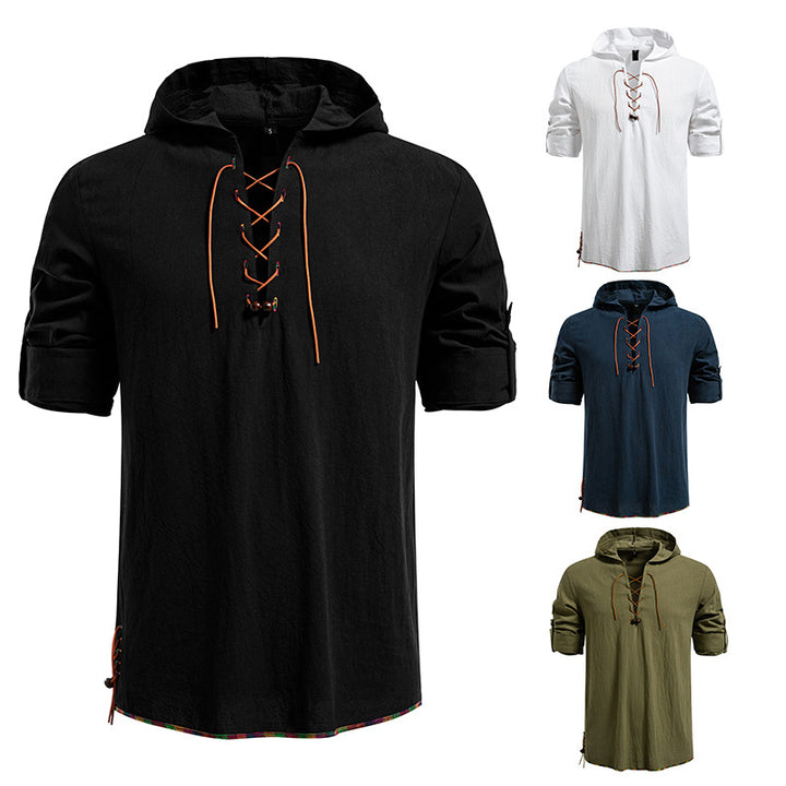 Men's Lightweight Hoodie Shirt with Decorative Lacing, Short Sleeve and Longline Cut Mune Fashion