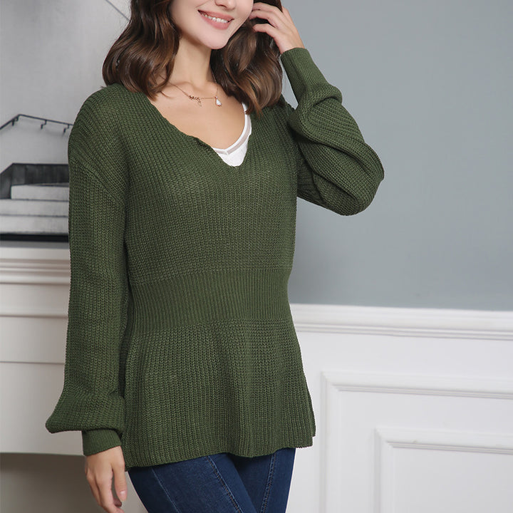 Women's Loose Fine Knit Sweater with V Notch Neckline, Fitted Ribbed Hem and Balloon Sleeves Mune Fashion