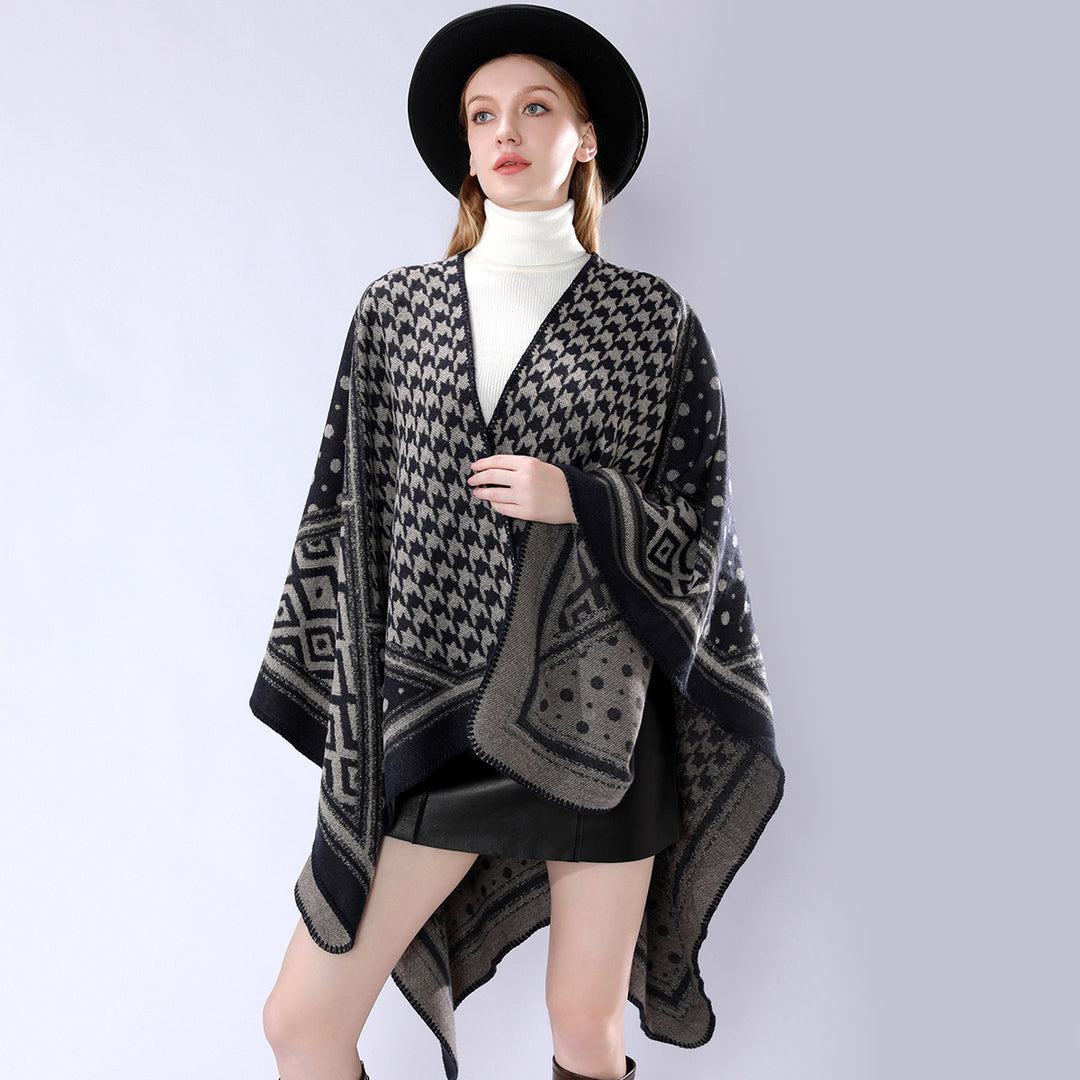 Women's Coarse Woven Cape Wrap with Houndstooth and Border Pattern Mune Fashion