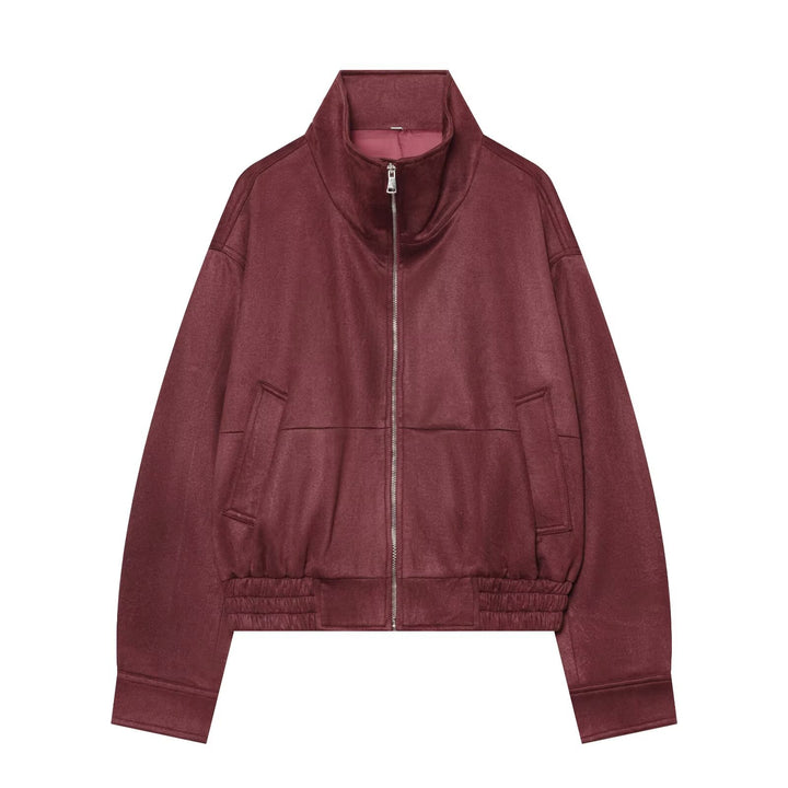 Women Cropped Bomber Jacket made of Velvet Imitation with Stand Collar and Elastic Hem Mune Fashion