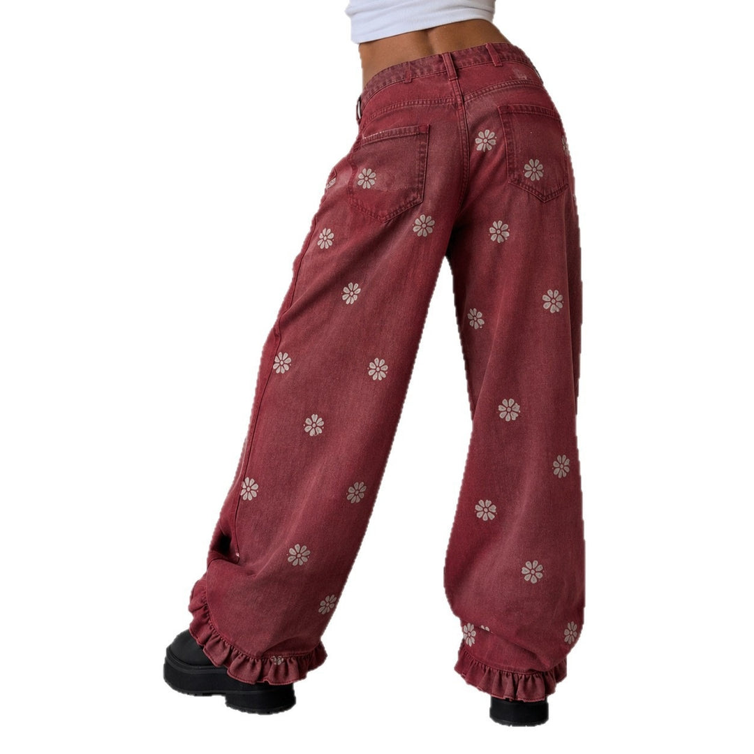 Women's wide denim pants with daisy print, high waist and ruffled hem Mune Fashion