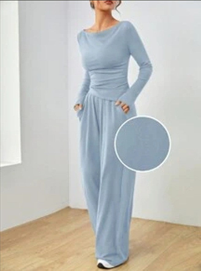 Women's Casual Two-Piece Lounge Set with Boat Neck, Tailored Draping and Wide Palazzo Pants Mune Fashion