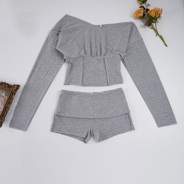 Women’s asymmetrical one-shoulder lounge set with fitted gathered crop top and high-waisted flap shorts Mune Fashion