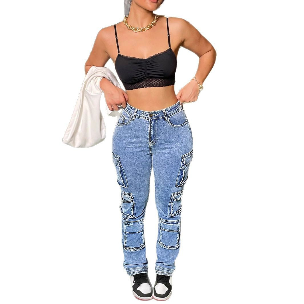 Women High-Waist Cargo Jeans with multiple flap pockets and straight leg Mune Fashion
