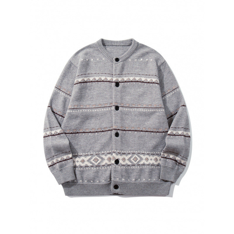 Unisex jacquard knit cardigan in boxy cut with round neck and button placket Mune Fashion
