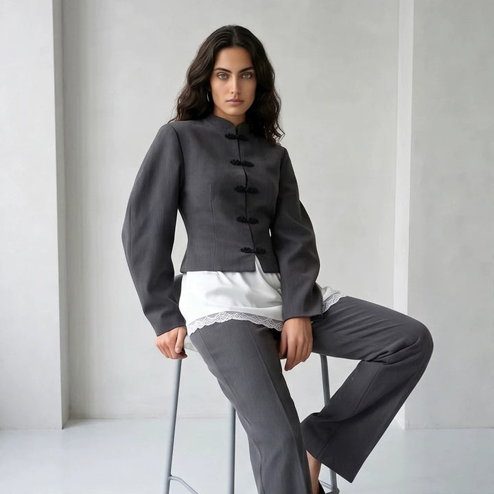 Women's Tailored Cropped Blazer with Mandarin Collar and Decorative Knot Closure Mune Fashion