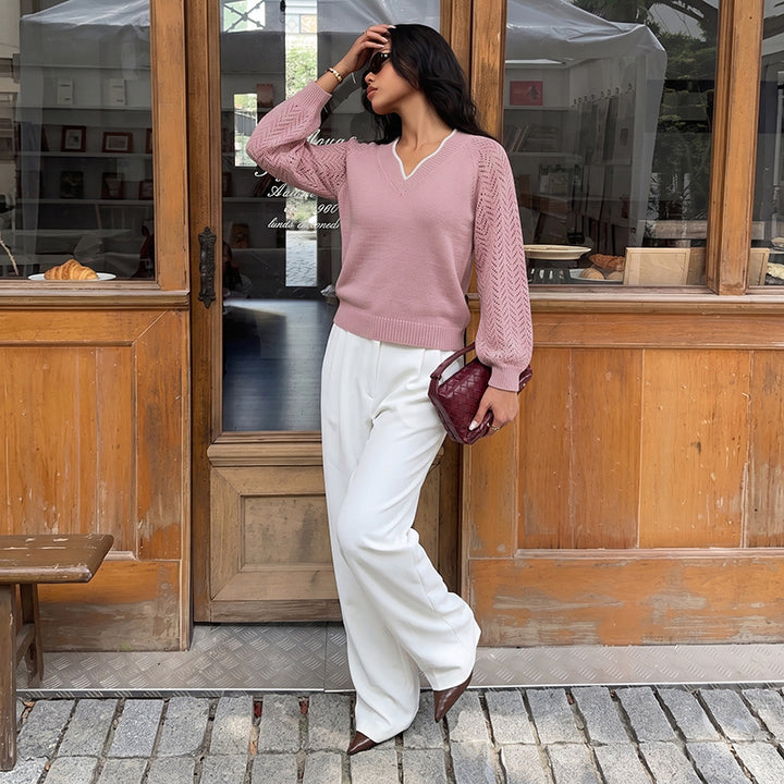 Ladies Elegant Sweater with Lace Pattern and V-Neck Mune Fashion