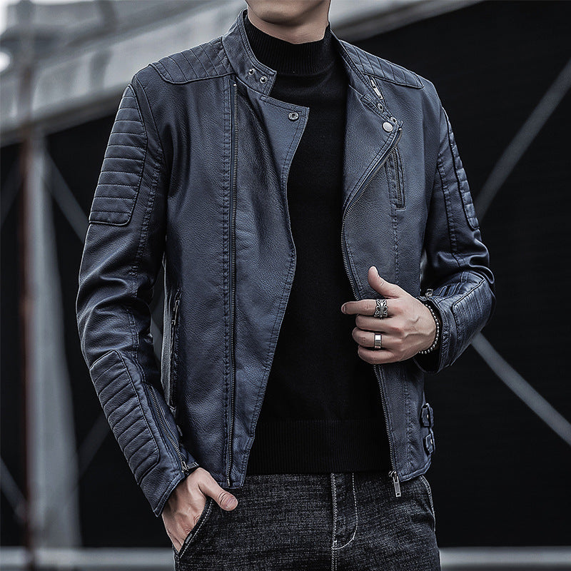 Men's biker jacket made of synthetic leather with quilted sleeve yoke and stand-up collar Mune Fashion