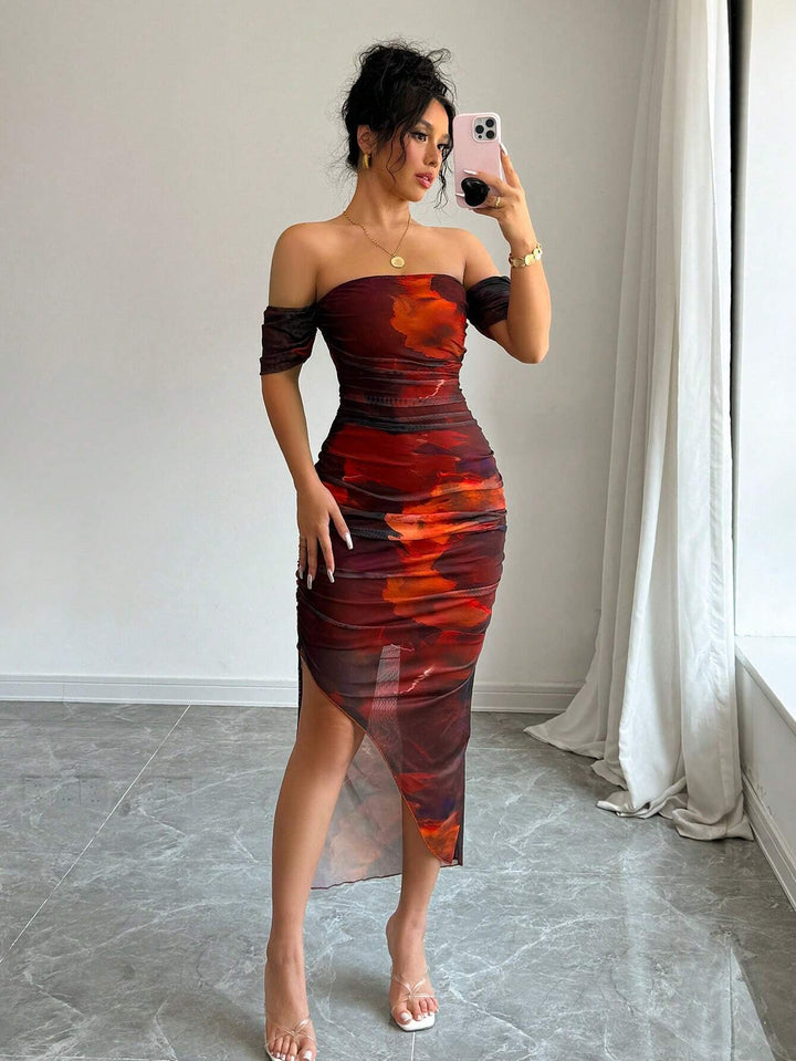 Women's Figure-hugging Off-the-shoulder Maxi Dress with Ruching, Split and Watercolor Print Mune Fashion