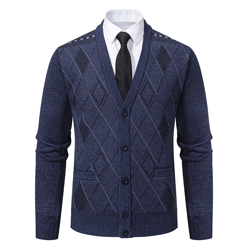 Men's fine diamond-pattern knit cardigan with V-neck, button placket, and front pockets Mune Fashion