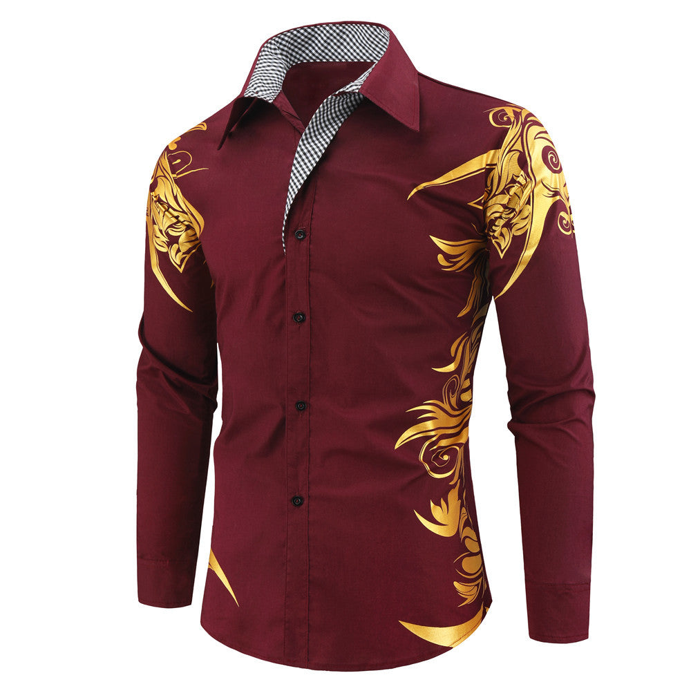 Men's Fitted Button-Down Shirt with Gold-Embellished Ornamentation and Contrasting Inner Collar Mune Fashion