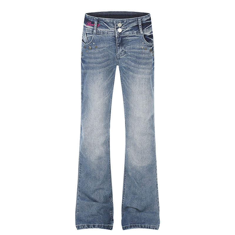 Women's High-Waist Flared Jeans with Wide Leg, Double Button and Stud Detail Mune Fashion