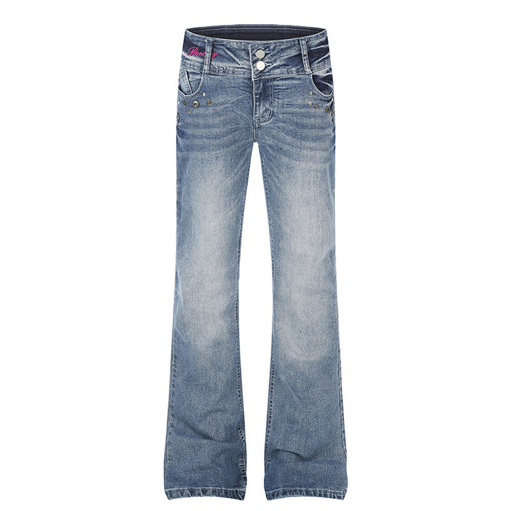 Women's High-Waist Flared Jeans with Wide Leg, Double Button and Stud Detail Mune Fashion