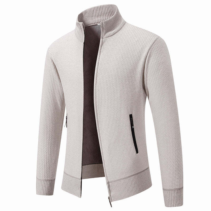 Men's Textured Zip Knit Cardigan with Stand Collar, Waffle Texture and Zipper Pockets Mune Fashion