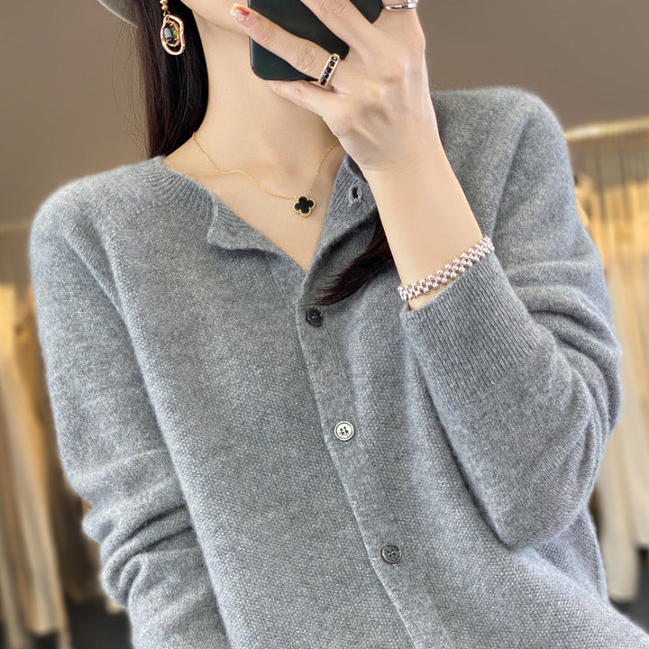 Women's Short-Cut Cardigan in Mohair-Look with Round Neckline and Pearl Buttons Mune Fashion