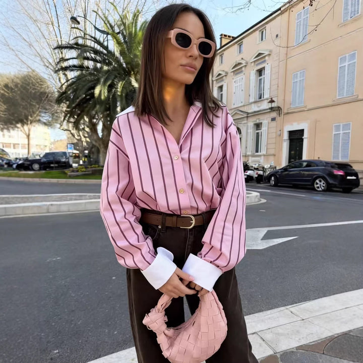 Women's loose button-up blouse with contrast collar and cuffs Mune Fashion