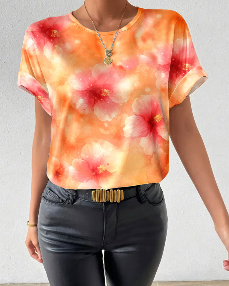 Women's loose short blouse shirt in silky look with watercolor flower print and rolled-up sleeves Mune Fashion