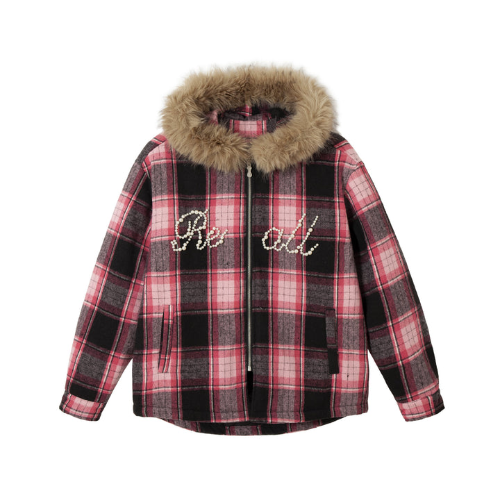 Women's checked wool blend blouson with detachable faux fur collar and pearl appliqué Mune Fashion