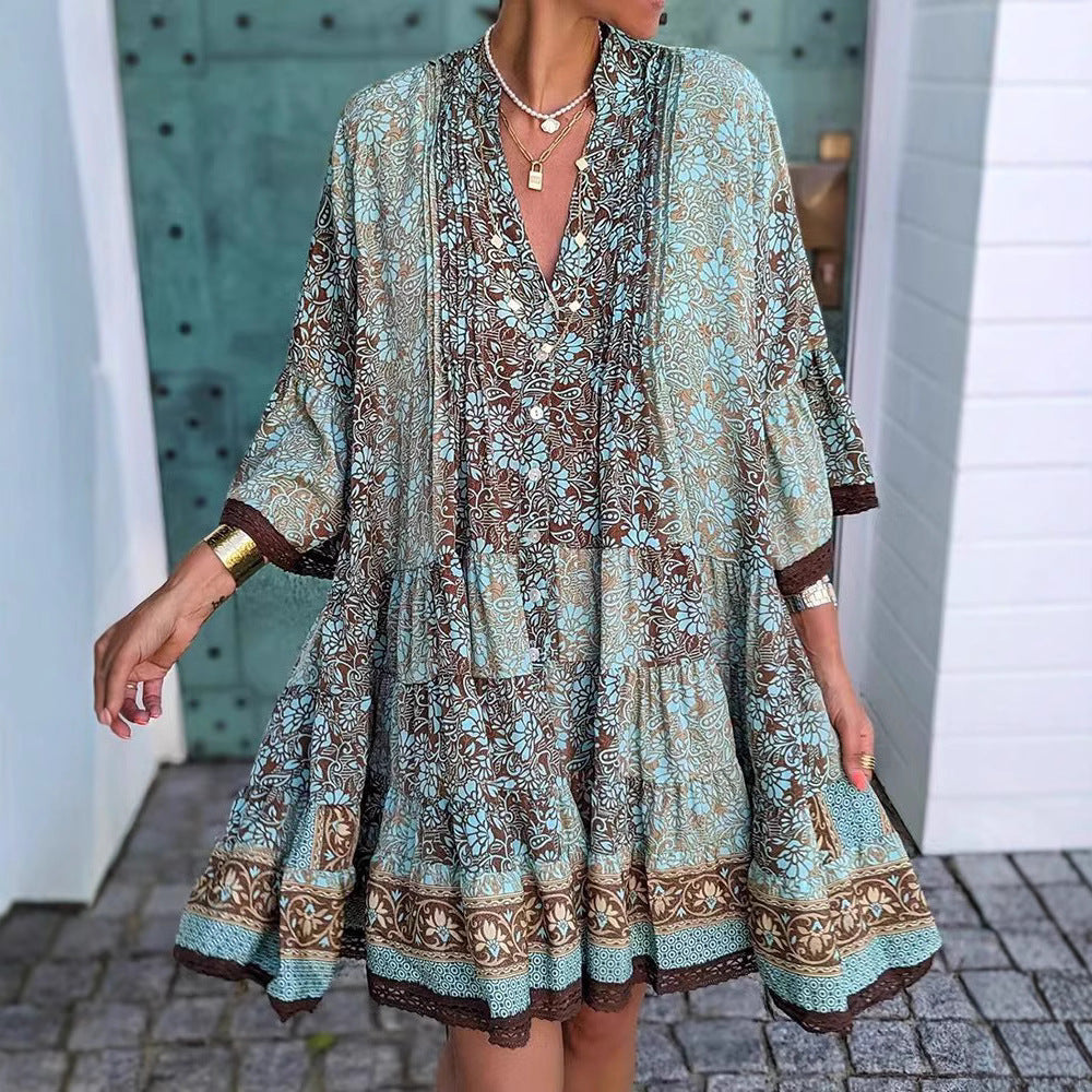 Women's airy Boho tiered dress with V-neck wide batwing sleeves and lace trim Mune Fashion
