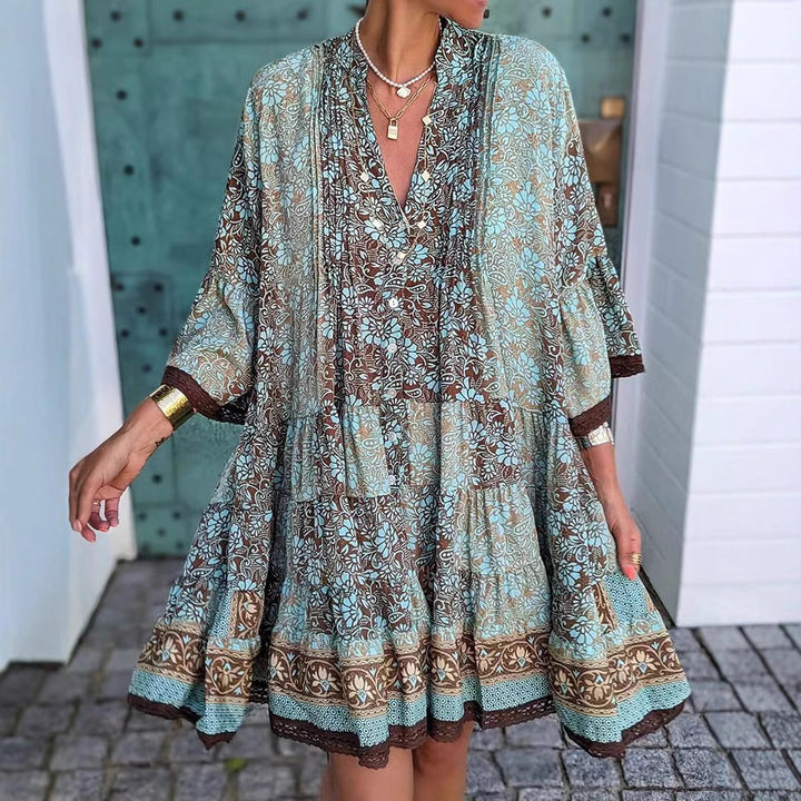 Women's airy Boho tiered dress with V-neck wide batwing sleeves and lace trim Mune Fashion