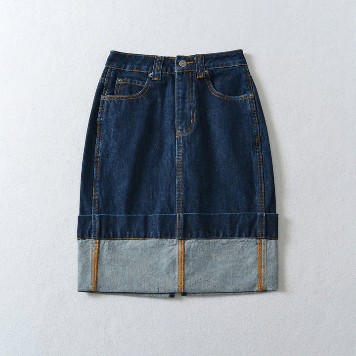 Women's High-Waisted Midi Skirt Made of Denim with Visible Seams and Turned-Up Hem Mune Fashion