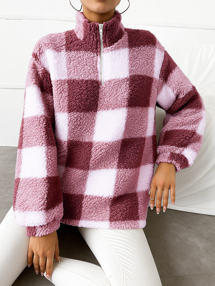 Ladies checked teddy fleece pullover with stand-up collar and half-height zipper Mune Fashion
