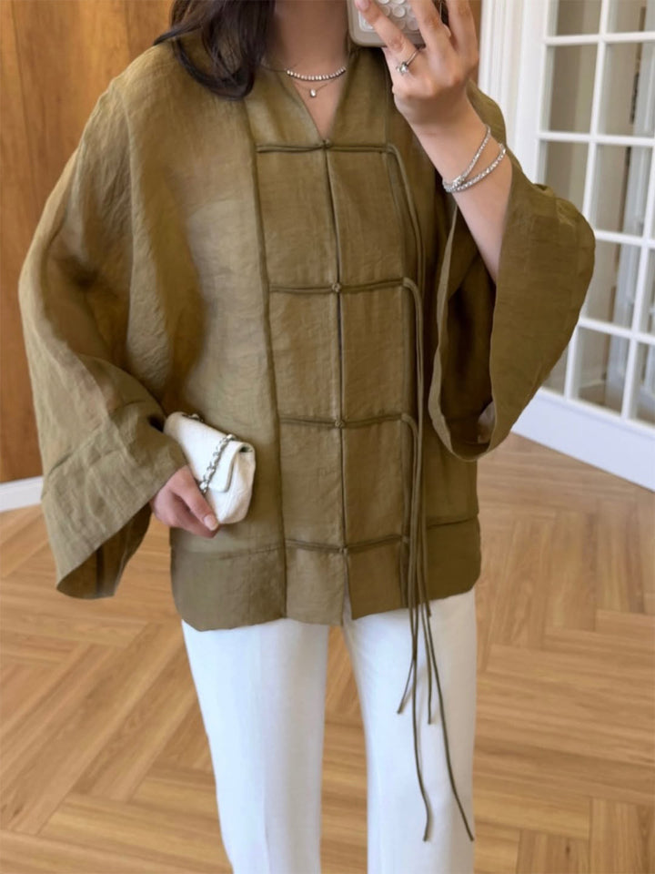 Women's Linen Kimono Jacket with Wide Sleeves, Decorative Knot Grid & Adjustable Belt Mune Fashion