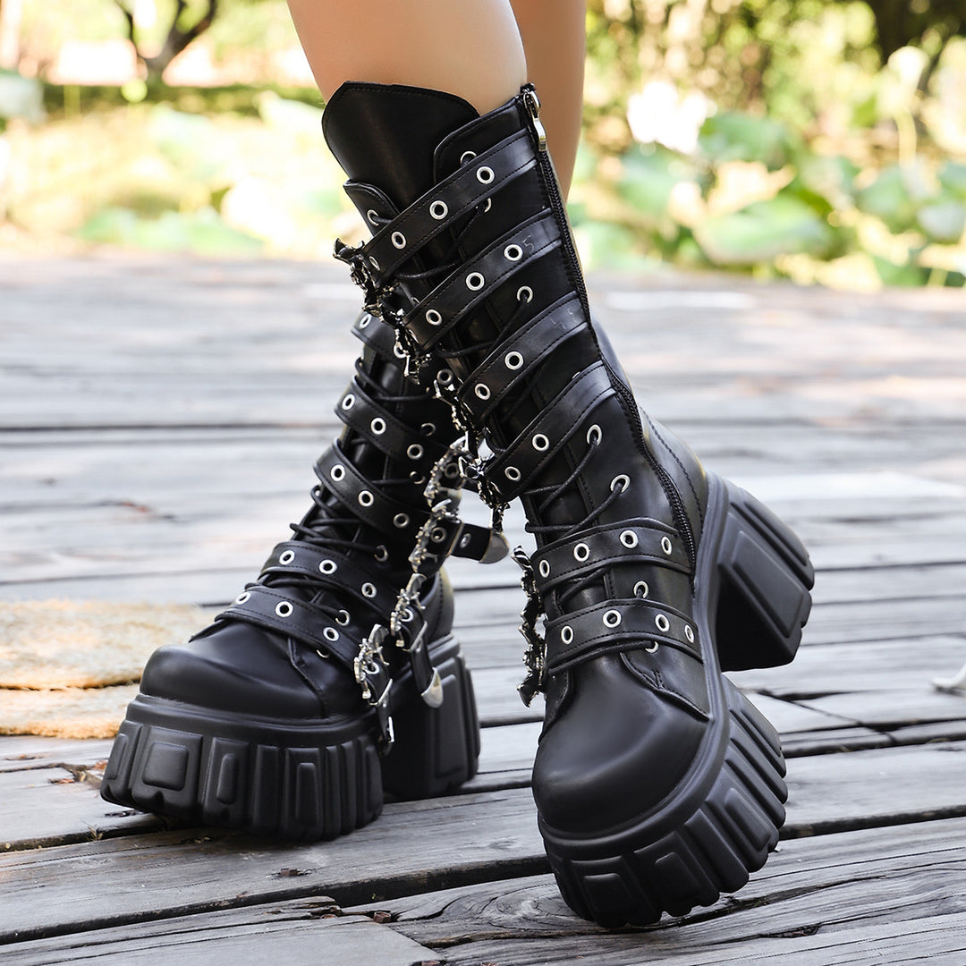 Women's platform biker boots with decorative straps, eyelets and chains Mune Fashion