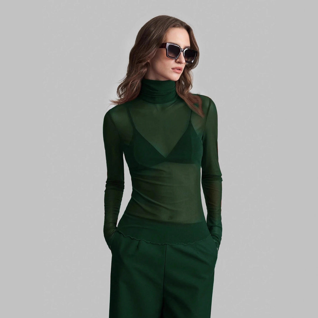 Women's fine transparent mesh long-sleeve top with turtleneck and fitted shape Mune Fashion