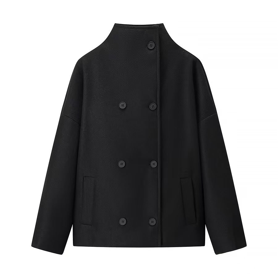 Women Double-breasted Short Coat with Stand-up Collar, Dropped Shoulder and Clear Boxy Silhouette Drune