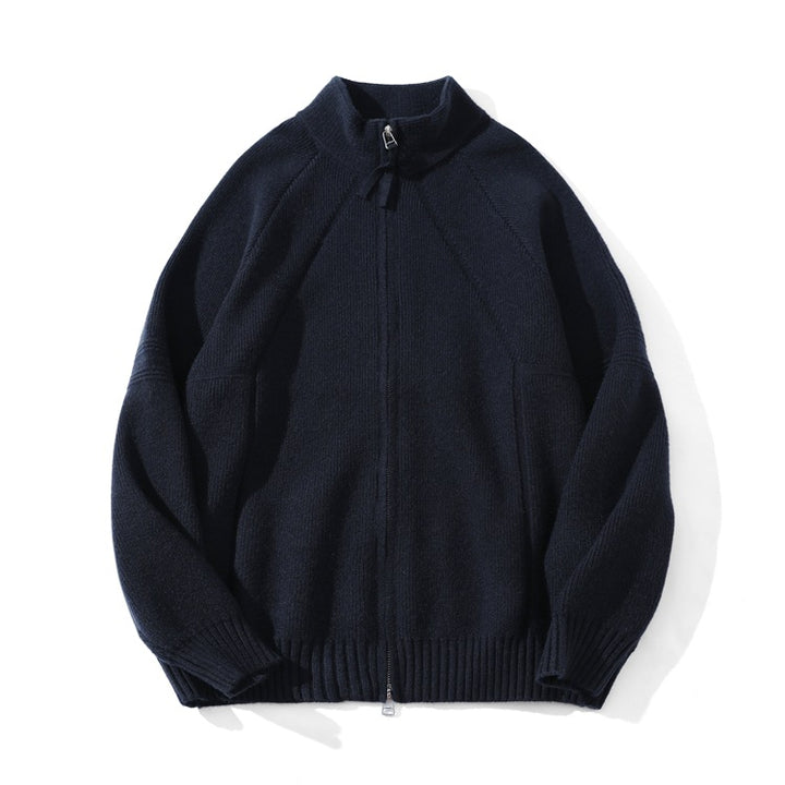 Unisex Coarse Knit Zip Cardigan with Stand-up Collar and Two-way Zipper Mune Fashion