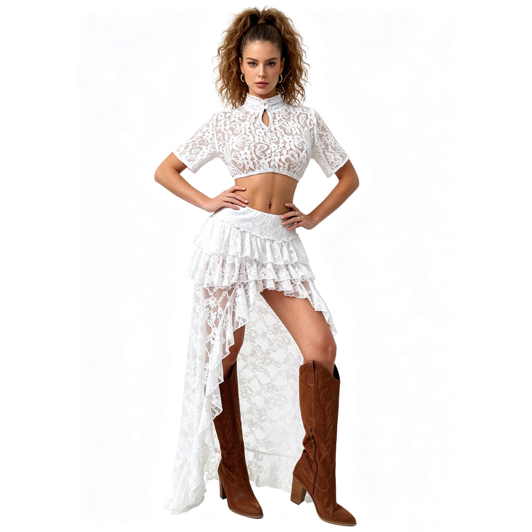 Women's lace cropped blouse with standing collar and keyhole detail Mune Fashion