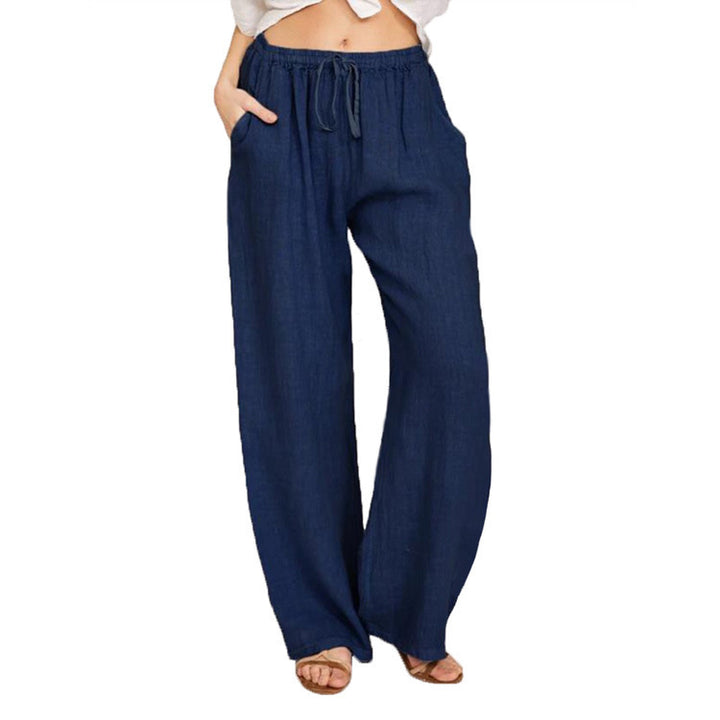 Women's Wide Linen Look Pants with Elastic Waistband, Drawstring and Side Pockets Mune Fashion